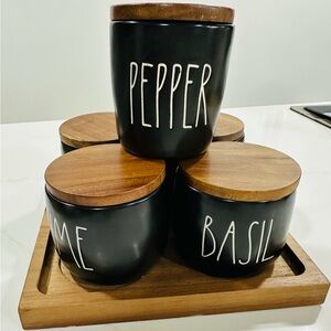 Rae Dunn Black and Wood Spice Jars Set plus’s pepper cellar
